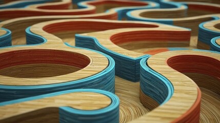 A vibrant abstract design featuring intertwining wood shapes with red and blue accents against a textured background.
