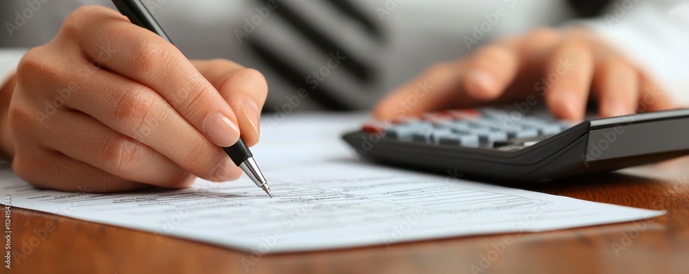 Poster a person in a suit writes on a notepad while using a calculator, emphasizing a professional and anal