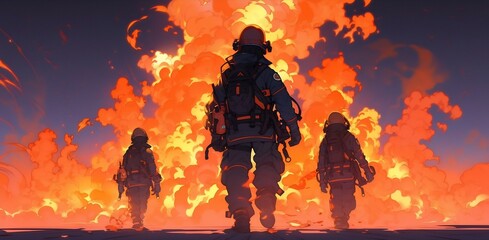 Fototapeta premium Firefighter's Imposing Silhouette Braving the Fiery Blaze