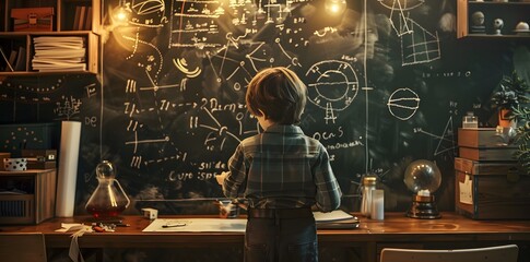 A young boy is writing on the blackboard with chalk, surrounded by mathematical formulas and charts, Generative AI