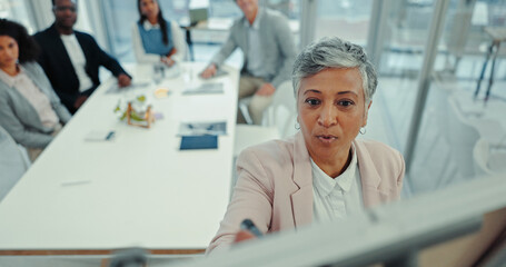 Coaching, presentation and mature with business woman in meeting for workshop, brainstorming and public relations. Clients, project management and media campaign with people in office for proposal