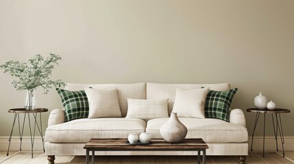 Minimalist Elegance in Living Room with Beige Sofa, Green Plaid, and Modern Coffee Table