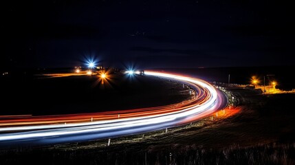 A night scene showcasing light trails from moving vehicles on a winding road, illuminated by distant lights and creating a dynamic visual effect.