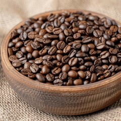Fototapeta premium A wooden bowl filled with roasted coffee beans, showcasing their rich color and texture against a natural fabric background.