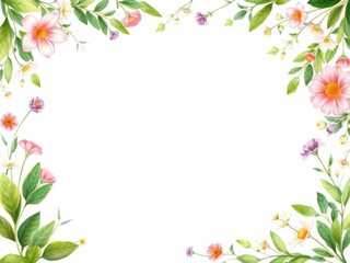 Fototapeta premium Vertical botanical frame background with various green leaves and flowers surrounding an isolated white frame in the center, botanical, nature, background