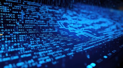 A close-up view of digital code and circuit patterns, representing technology and data processing.