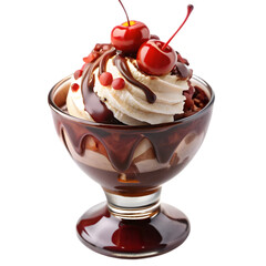 Chocolate cream with cherry on white background