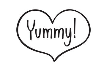 Phrase Yummy Hand drawn doodle isolated clipart in heart symbol. Cute lettering. Template for greeting card, design, menu, fast food cafe.