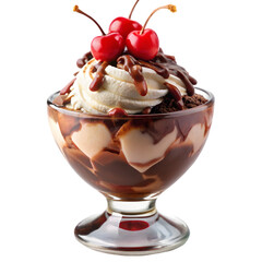 Chocolate cream with cherry on white background