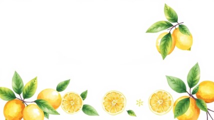 Watercolor illustration of lemon verbena and lemons on light yellow background with pastel colors, white space for title, artistic, fruits, botanical