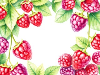 Watercolor illustration of ripe raspberries encircling blank space for text, illustration, watercolor, raspberries