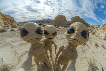 aliens in the desert selfie, wide angle