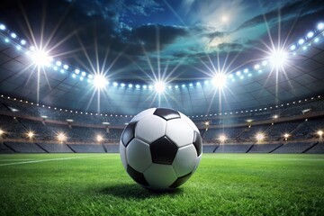 Naklejka premium Soccer Ball in a Stadium with Lights. A classic black and white soccer ball on green grass in the center of a stadium, illuminated by spotlights