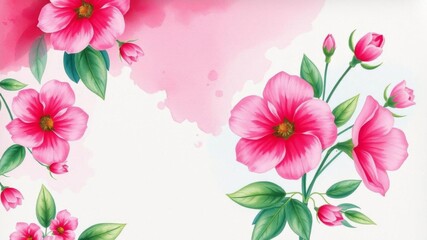 Fototapeta premium Watercolor painting of pink flowers and green leaves on light blue background with copy space, vibrant, pink, copy space