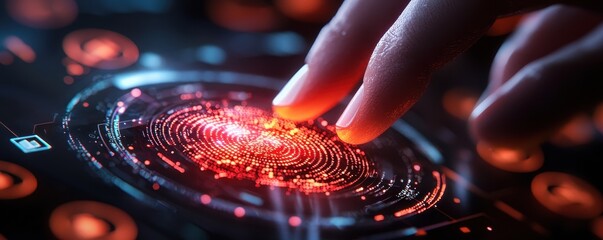A hand hovers over a glowing, futuristic interface with intricate patterns, evoking themes of technology, interaction, and digital exploration.