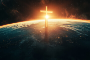 Naklejka premium Cross appearing on planet earth.