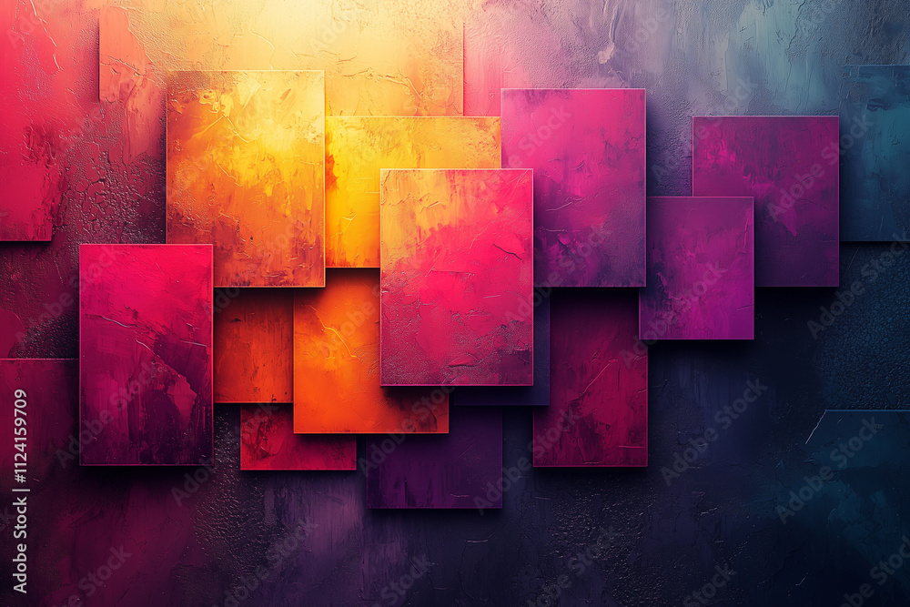 Wall mural stacked colorful blocks in shades of red and orange with cracked textures, creating a vibrant three-