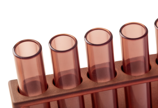 Five amber test tubes in brown rack isolated with transparent background