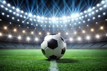 Fototapeta premium Soccer Ball with Stadium Lights in the Background