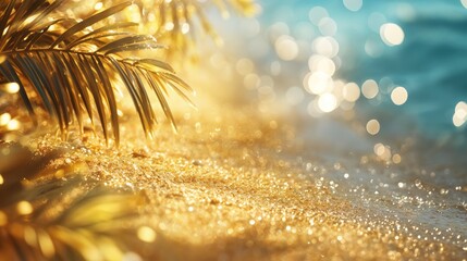 Sandy beach with blurred palm leaves and blue waves in the background, a summer vacation in the serene beauty of a tropical paradise