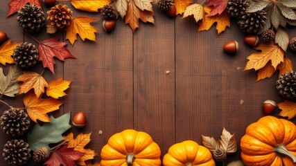 Wooden table decorated with vibrant autumn leaves, pumpkins, acorns, and pinecones arranged in a frame with an empty space in the center, top view, elements, autumn, pinecones
