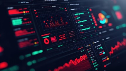 A vibrant digital dashboard displaying various data visualizations, including graphs and metrics, primarily in red and black tones.