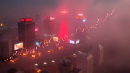 A digital cityscape with a rising graph indicating growth amidst fog and illuminated buildings.