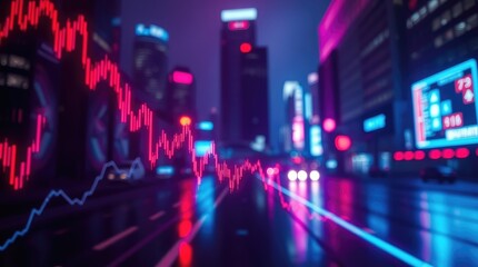 A digital cityscape with a stock market trend overlay, symbolizing finance and technology.
