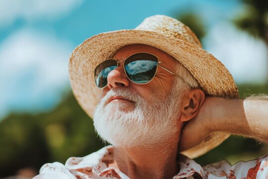 Senior man in straw hat and sunglasses enjoys sunny day. Perfect for retirement, relaxation, or summer themes. - Powered by Adobe