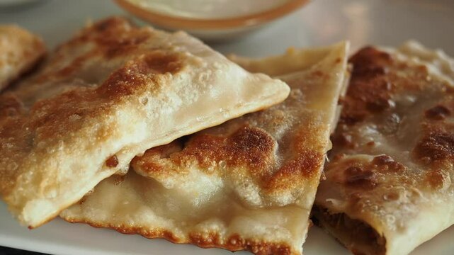 Enjoy crispy golden flatbreads with a delicious dipping sauce