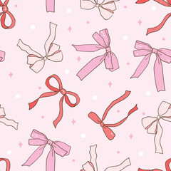 Whimsical Hand Drawn Ribbon Bow Seamless Pattern. Vector Illustration