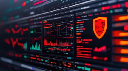 Fototapeta premium A vibrant digital interface showcasing data visualization, cybersecurity elements, and graphical statistics in red and green tones, emphasizing technology and analytics.