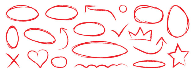 Hand drawn doodle design elements, charcoal or pencil drawn. Crayon drawn doodle shapes, check marks, cross, star, crown and arrows collection. © Syntro