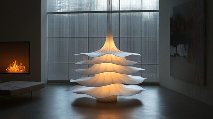 Modern minimalist white sculptural Christmas tree lamp illuminates contemporary living room with fireplace and large window.