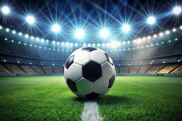 Fototapeta premium Soccer Ball with Stadium Lights in the Background