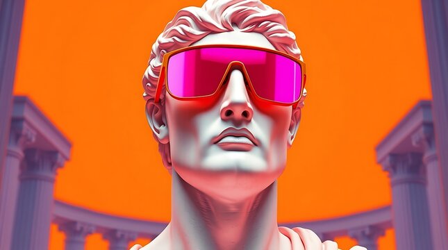 Neon-lit classical statue wearing stylish pink sunglasses against a vibrant orange background, blending ancient art with modern pop culture, perfect for trendy decor and contemporary designs