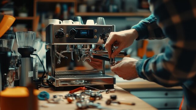 Barista repairing espresso machine coffee shop craftsmanship workshop close-up precision skill in action