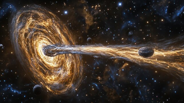 The process of galactic cannibalism as Andromeda merges with the Milky Way, illustrated with glowing streams of matter and star clusters