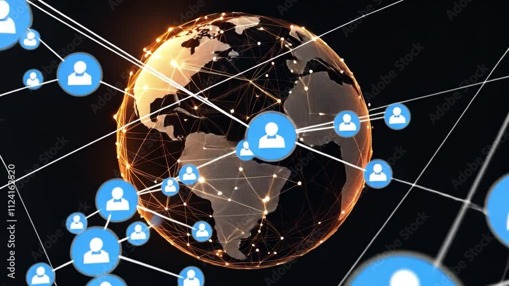 Poster abstract global communication network design with geometric patterns and illuminated nodes, emphasiz