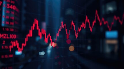 A digital stock market chart displaying fluctuating red lines.