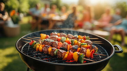 Juicy grilled meat skewers sizzling on a barbecue grill, surrounded by smoke and flame, symbolizing togetherness, celebration, and the joy of cooking outdoors in a lively atmosphere