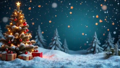 Obraz premium A christmas tree with a red balls and gift boxs in the snowflakes