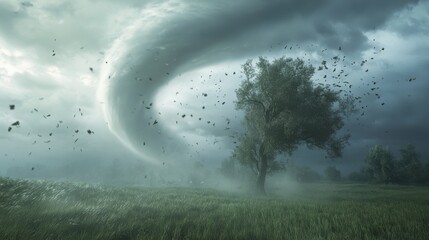 A tornado moving through a misty prairie at dawn, with the morning fog blending with the swirling debris