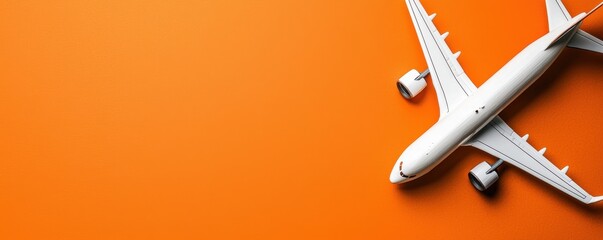 A sleek, white airplane model against a vibrant orange background, showcasing aviation and travel themes.