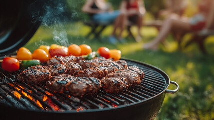 Juicy grilled meat skewers sizzling on a barbecue grill, surrounded by smoke and flame, symbolizing togetherness, celebration, and the joy of cooking outdoors in a lively atmosphere