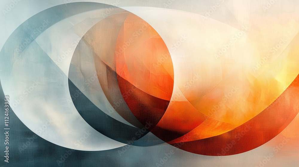 Wall mural interlocking circles in soft blue and fiery orange on a textured background create a serene abstract