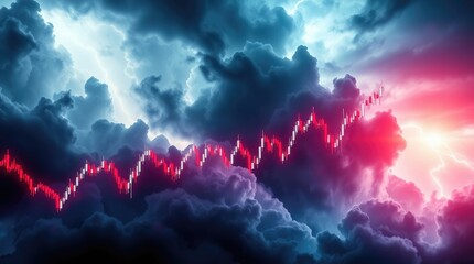 A dramatic depiction of a rising financial trend amidst stormy clouds and lightning.