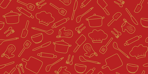 Cooking flat horizontal seamless pattern. Kitchen utensil and appliance cartoon texture. Food preparation Scandinavian illustration. Red kitchenware sketch clipart.
