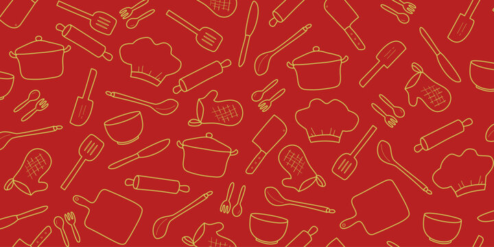 Fototapeta Cooking flat horizontal seamless pattern. Kitchen utensil and appliance cartoon texture. Food preparation Scandinavian illustration. Red kitchenware sketch clipart.