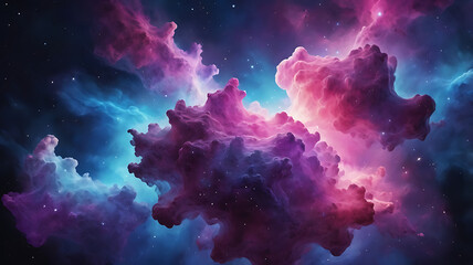 Fototapeta premium A cluster of colorful nebula fragments swirling together in vibrant shades of purple, blue, and pink, isolated on a plain white background.
